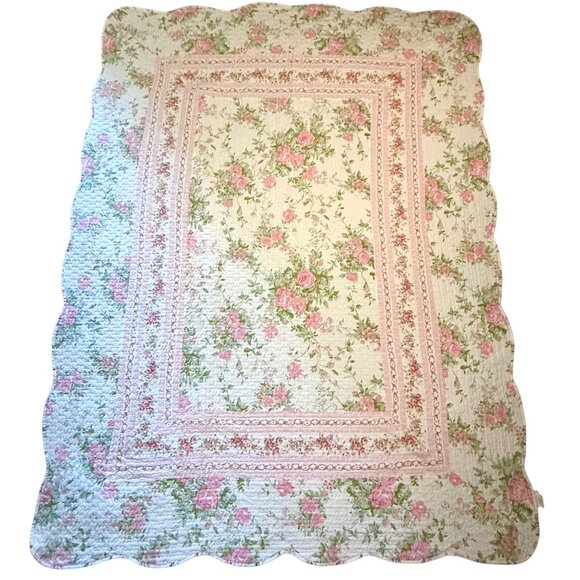 Floral Quilt Twin Full Pink Green Reversible Bedding and Pillow Sham Cottage - Picture 3 of 14